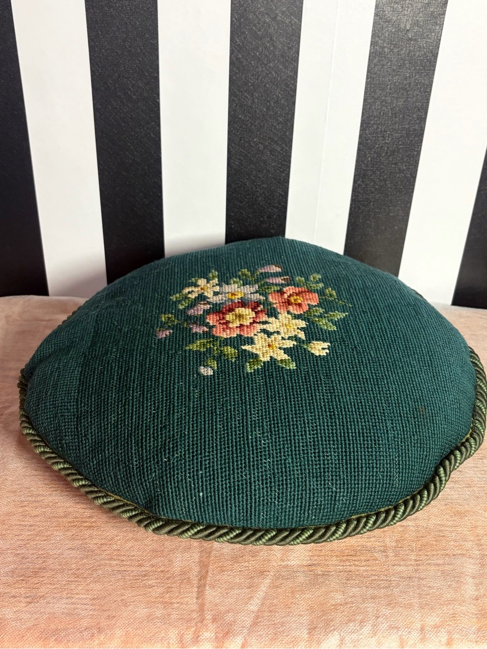 Vintage Round Needlepoint Floral Throw Pillow, 15" Diameter. Elegant dark green - Picture 6 of 8